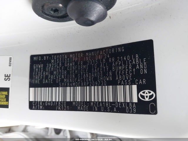 Продаж на аукціоні авто 2024 Toyota Corolla Le, vin: 5YFB4MDEXRP209730, номер лоту: 44909564