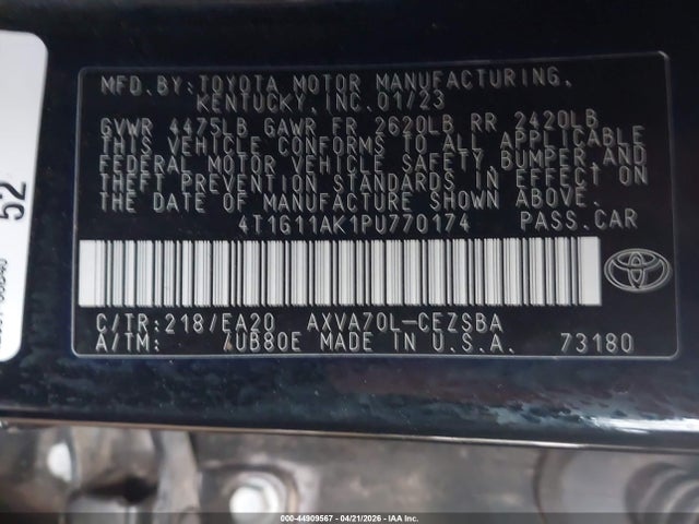 2023 Toyota Camry Se მანქანა იყიდება აუქციონზე, vin: 4T1G11AK1PU770174, აუქციონის ნომერი: 44909567