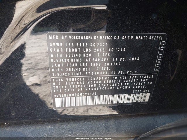 2025 Volkswagen Tiguan 2.0t Sel R-line მანქანა იყიდება აუქციონზე, vin: 3VVLR7RM9SM027121, აუქციონის ნომერი: 44909575