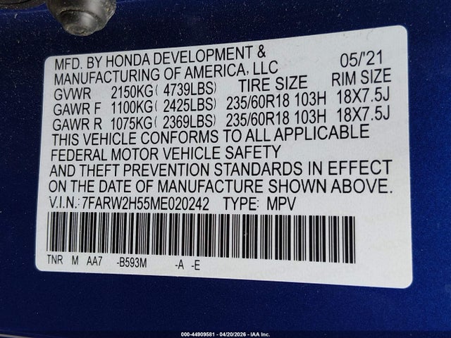 Продажа на аукционе авто 2021 Honda Cr-v Awd Ex, vin: 7FARW2H55ME020242, номер лота: 44909581