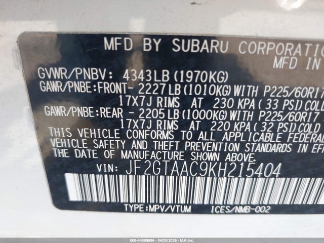 Продаж на аукціоні авто 2019 Subaru Crosstrek 2.0i, vin: JF2GTAAC9KH215404, номер лоту: 44909596