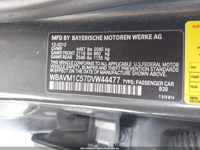 Продажа на аукционе авто 2013 Bmw X1 Sdrive28i, vin: WBAVM1C57DVW44477, номер лота: 44909610