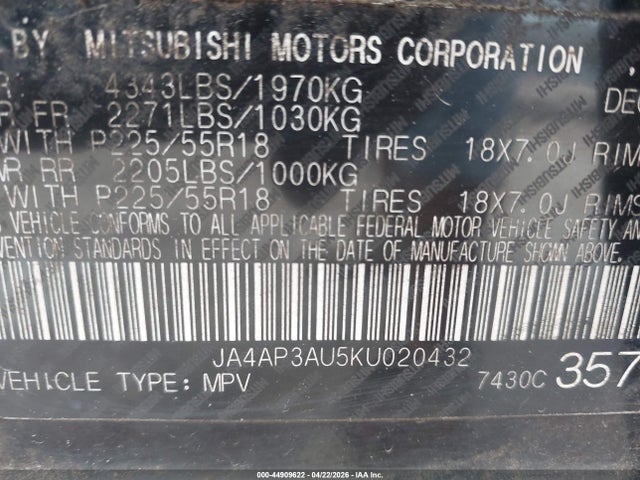 Aukcja sprzedaży 2019 Mitsubishi Outlander Sport 2.0 Sp, vin: JA4AP3AU5KU020432, numer aukcji: 44909622
