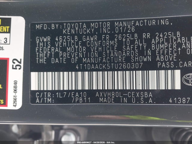 4T1DAACK5TU260307 Toyota CAMRY SE