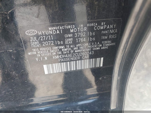 Aukcja sprzedaży 2012 Hyundai Elantra Limited (ulsan Plant), vin: KMHDH4AE2CU260243, numer aukcji: 44909628