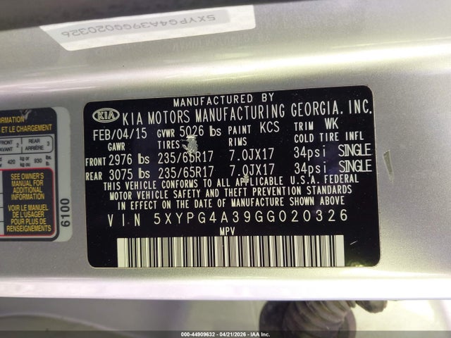 Продажа на аукционе авто 2016 Kia Sorento 2.4l Lx, vin: 5XYPG4A39GG020326, номер лота: 44909632