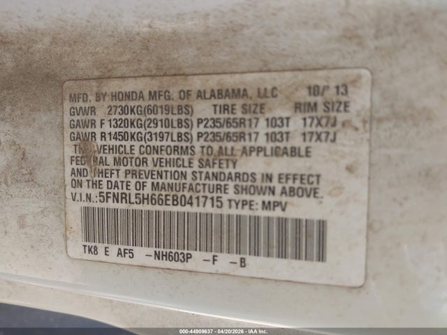 Продажа на аукционе авто 2014 Honda Odyssey Ex-l, vin: 5FNRL5H66EB041715, номер лота: 44909637