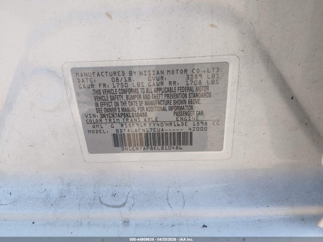 Nissan Versa 1.6 S 2019 3N1CN7AP8KL810486 Image 9