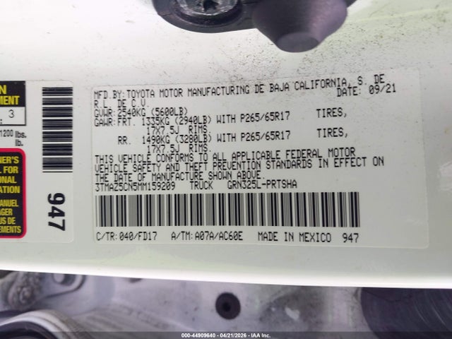44909640 :رقم المزاد ، 3TMAZ5CN5MM159209 vin ، 2021 Toyota Tacoma Trd Sport مزاد بيع