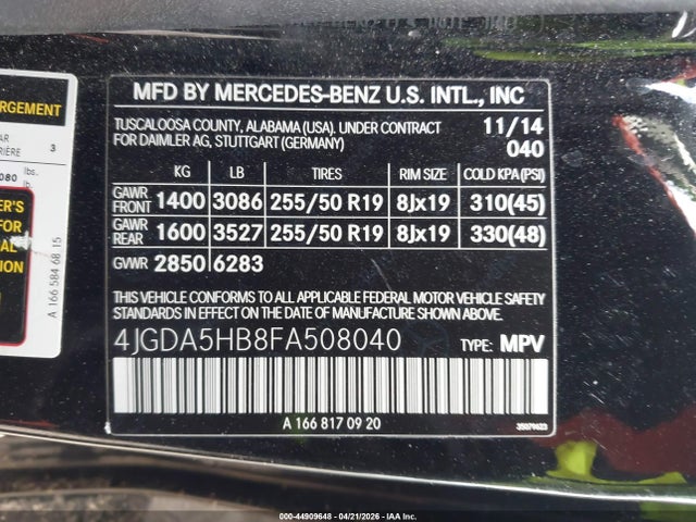 Продаж на аукціоні авто 2015 Mercedes-benz Ml 350 4matic, vin: 4JGDA5HB8FA508040, номер лоту: 44909648