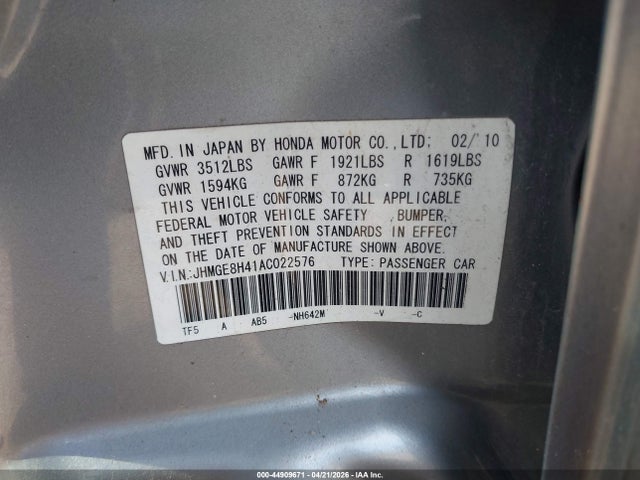 2010 Honda Fit Sport მანქანა იყიდება აუქციონზე, vin: JHMGE8H41AC022576, აუქციონის ნომერი: 44909671