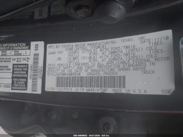 Продаж на аукціоні авто 2011 Toyota Tacoma Base V6, vin: 5TFLU4EN0BX009630, номер лоту: 44909682