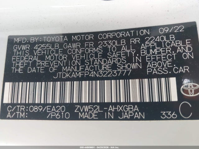 JTDKAMFP4N3223777 Toyota Prius Prime Xle