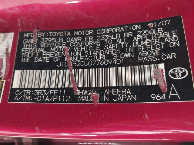 Продажа на аукционе авто 2007 Toyota Prius, vin: JTDKB20U077609401, номер лота: 44909694