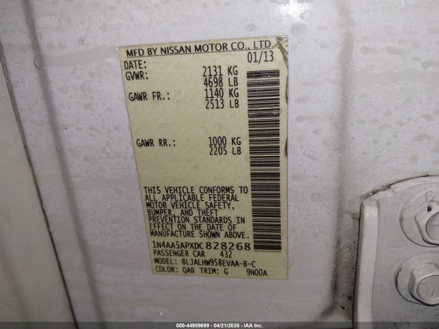 2013 Nissan Maxima 3.5 Sv მანქანა იყიდება აუქციონზე, vin: 1N4AA5APXDC828268, აუქციონის ნომერი: 44909699