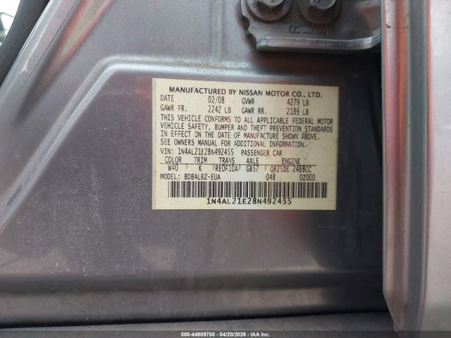 Продажа на аукционе авто 2008 Nissan Altima 2.5 S, vin: 1N4AL21E28N492455, номер лота: 44909700
