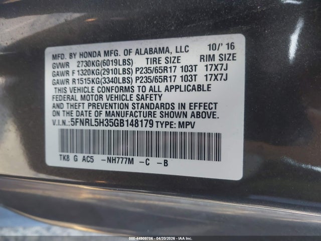5FNRL5H35GB148179 Honda ODYSSEY SE
