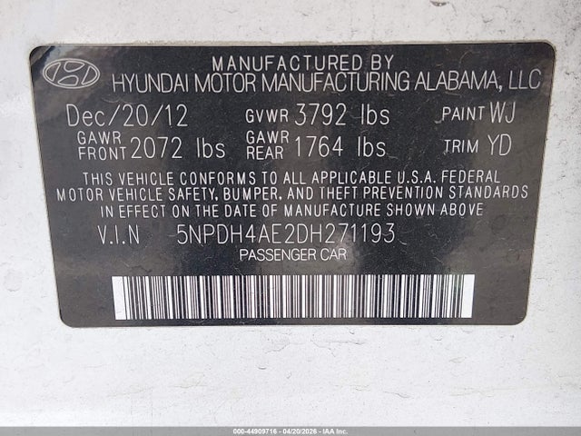 Продаж на аукціоні авто 2013 Hyundai Elantra Limited, vin: 5NPDH4AE2DH271193, номер лоту: 44909716