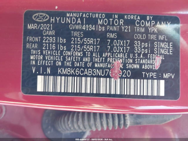 Auction sale of the 2022 Hyundai Kona Sel, vin: KM8K6CAB3NU761920, lot number: 44909727