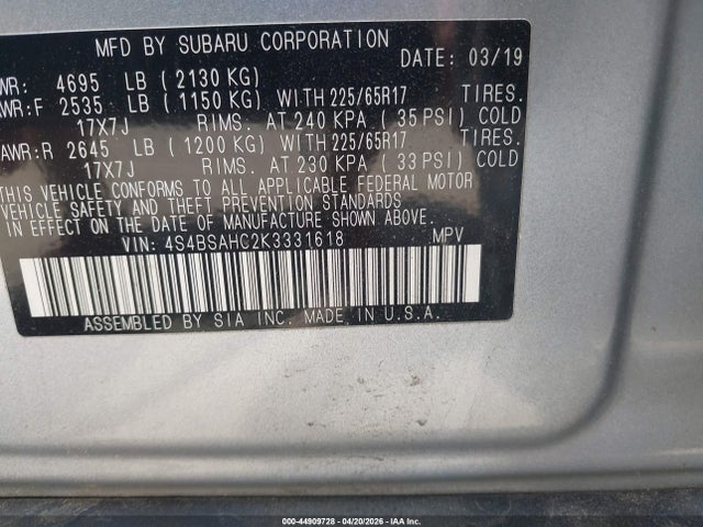 Aukcja sprzedaży 2019 Subaru Outback 2.5i Premium, vin: 4S4BSAHC2K3331618, numer aukcji: 44909728