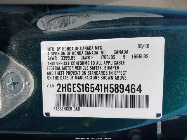 44909735 :رقم المزاد ، 2HGES16541H589464 vin ، 2001 Honda Civic Lx مزاد بيع