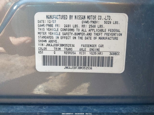 44909741 :رقم المزاد ، JNKAJ09F38M352534 vin ، 2008 Infiniti Ex35 Journey مزاد بيع