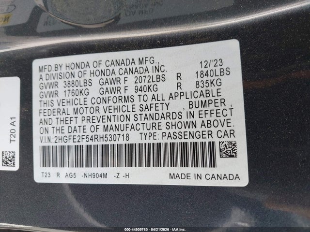2HGFE2F54RH530718 Honda Civic Sport