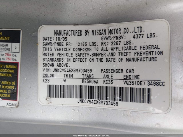 Продажа на аукционе авто 2006 Infiniti G35, vin: JNKCV54EX6M703459, номер лота: 44909763