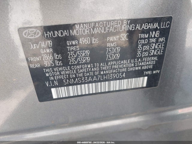 Aukcja sprzedaży 2020 Hyundai Santa Fe Sel 2.0t, vin: 5NMS33AA7LH139054, numer aukcji: 44909765