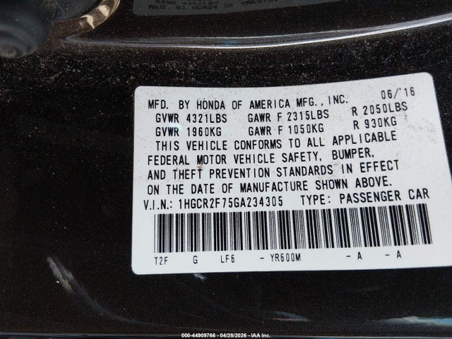 1HGCR2F75GA234305 Honda ACCORD EX
