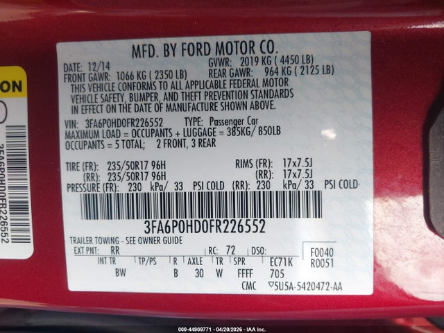 Ford FUSION SE 2015 3FA6P0HD0FR226552 Image 9