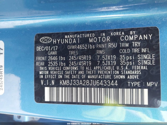2018 Hyundai Tucson Value მანქანა იყიდება აუქციონზე, vin: KM8J33A28JU643344, აუქციონის ნომერი: 44909775