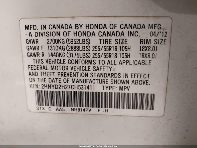 Aukcja sprzedaży 2012 Acura Mdx, vin: 2HNYD2H27CH531411, numer aukcji: 44909779