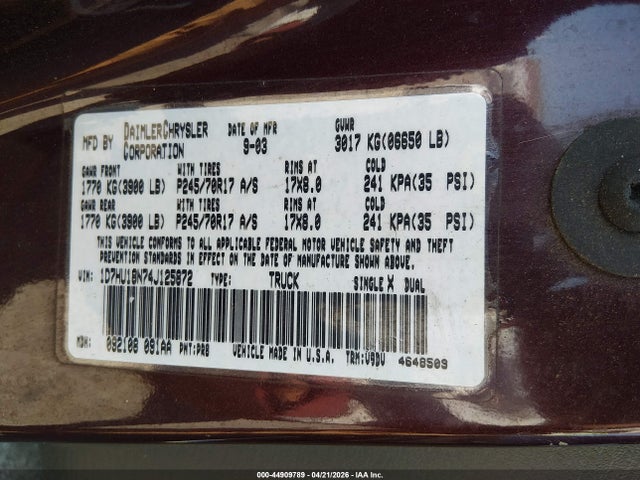Продажа на аукционе авто 2004 Dodge Ram 1500 Slt/laramie, vin: 1D7HU18N74J125872, номер лота: 44909789