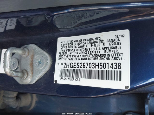 Aukcja sprzedaży 2003 Honda Civic Ex, vin: 2HGES26703H501438, numer aukcji: 44909800