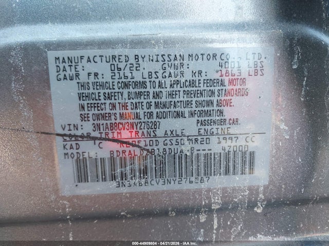 2022 Nissan Sentra Sv Xtronic Cvt მანქანა იყიდება აუქციონზე, vin: 3N1AB8CV3NY276287, აუქციონის ნომერი: 44909804