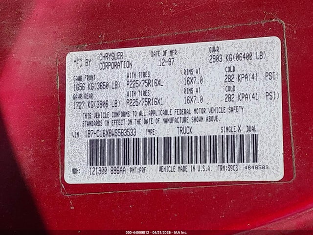 44909812 :رقم المزاد ، 1B7HC16X8WS583533 vin ، 1998 Dodge Ram 1500 St/ws مزاد بيع