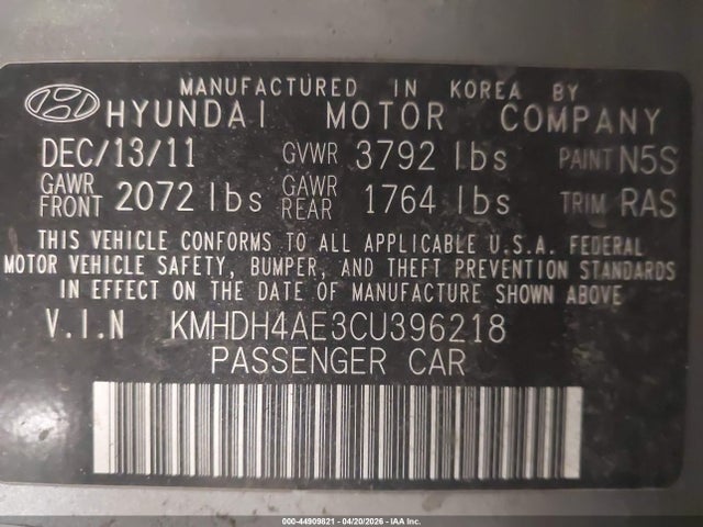 Aukcja sprzedaży 2012 Hyundai Elantra Gls (ulsan Plant), vin: KMHDH4AE3CU396218, numer aukcji: 44909821