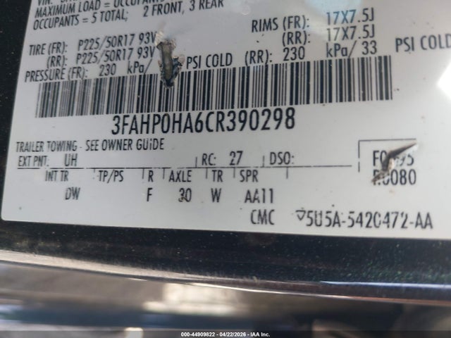 44909822 :رقم المزاد ، 3FAHP0HA6CR390298 vin ، 2012 Ford Fusion Se مزاد بيع