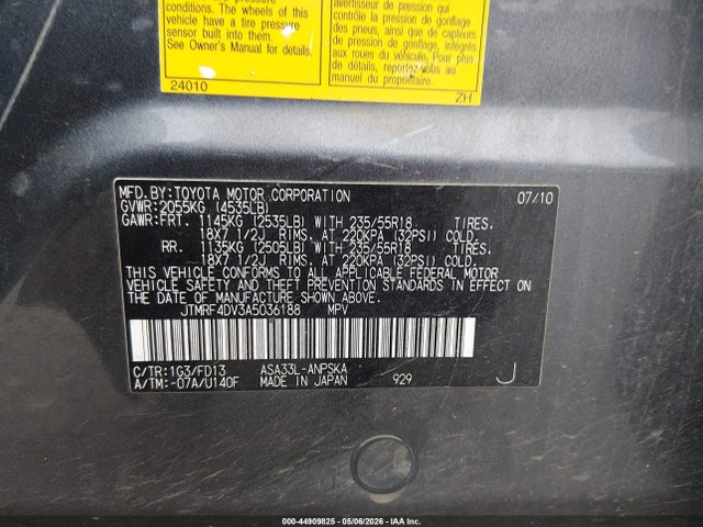 44909825 :رقم المزاد ، JTMRF4DV3A5036188 vin ، 2010 Toyota Rav4 Sport مزاد بيع