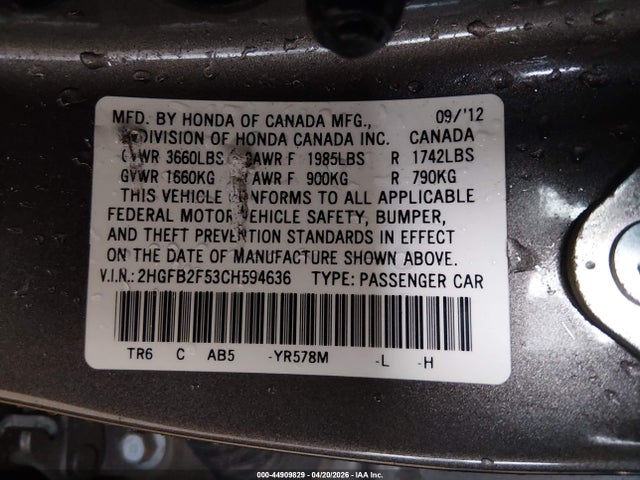 2012 Honda Civic Lx მანქანა იყიდება აუქციონზე, vin: 2HGFB2F53CH594636, აუქციონის ნომერი: 44909829