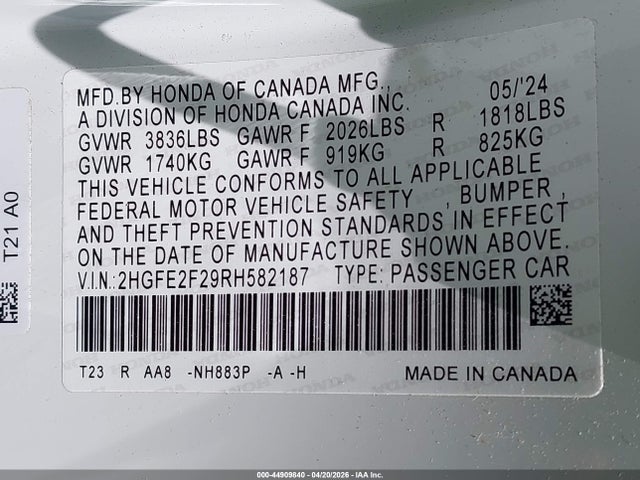 2024 Honda Civic Lx მანქანა იყიდება აუქციონზე, vin: 2HGFE2F29RH582187, აუქციონის ნომერი: 44909840