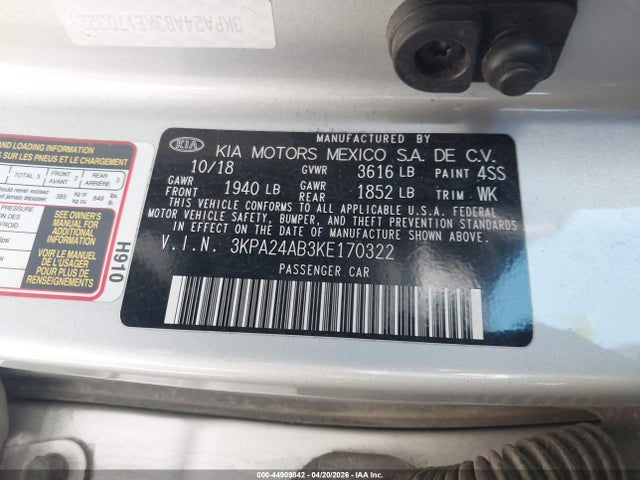 44909842 :رقم المزاد ، 3KPA24AB3KE170322 vin ، 2019 Kia Rio S مزاد بيع