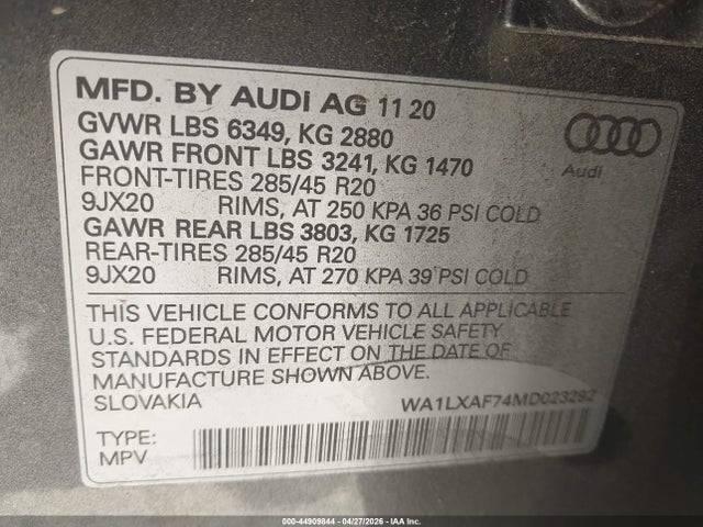 2021 Audi Q7 Premium Plus 55 Tfsi Quattro Tiptronic მანქანა იყიდება აუქციონზე, vin: WA1LXAF74MD023292, აუქციონის ნომერი: 44909844