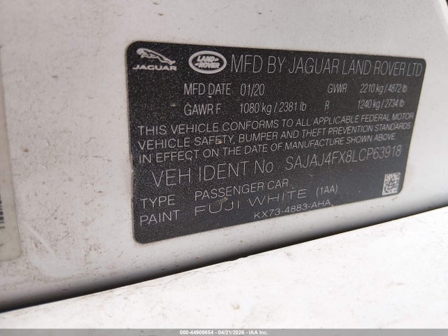 44909854 :رقم المزاد ، SAJAJ4FX8LCP63918 vin ، 2020 Jaguar Xe S Awd Automatic مزاد بيع