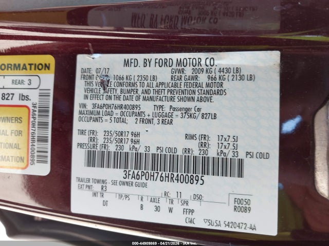 Продажа на аукционе авто 2017 Ford Fusion Se, vin: 3FA6P0H76HR400895, номер лота: 44909869