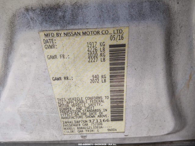 Продажа на аукционе авто 2016 Nissan Altima, vin: 1N4AL3AP7GN371166, номер лота: 44909871