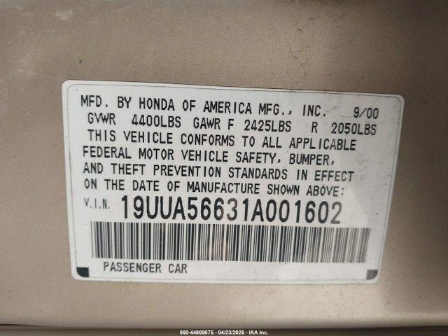 2001 Acura Tl 3.2 მანქანა იყიდება აუქციონზე, vin: 19UUA56631A001602, აუქციონის ნომერი: 44909875