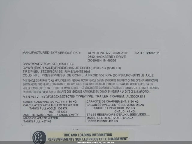 44909884 :رقم المزاد ، 4YDF3502XBE780706 vin ، 2011 Keystone Rv Alpine 5th Whl Travel Trailer مزاد بيع