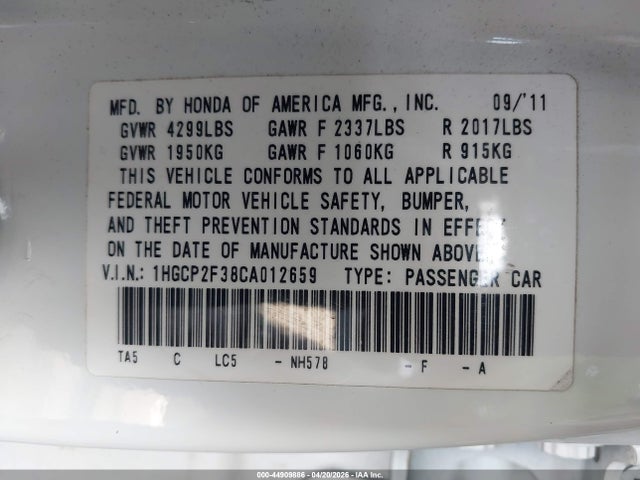 2012 Honda Accord 2.4 Lx მანქანა იყიდება აუქციონზე, vin: 1HGCP2F38CA012659, აუქციონის ნომერი: 44909886